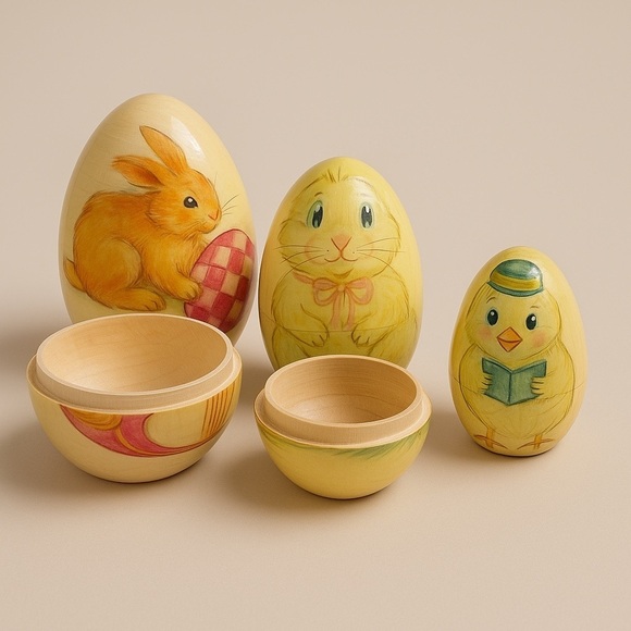Hand-Painted Wooden Easter Egg Set with Bunny & Chick Designs - Picture 4 of 5